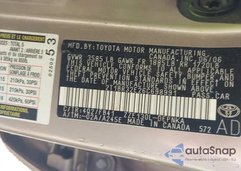 2006 Toyota Corolla Le из США, поврежденный, VIN 2T1BR32E26C698991